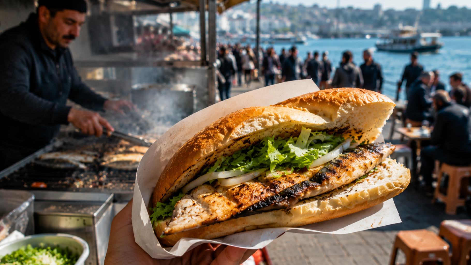 Sandwich balık ekmek servi frais dans un stand traditionnel de street food à Istanbul près du front de mer