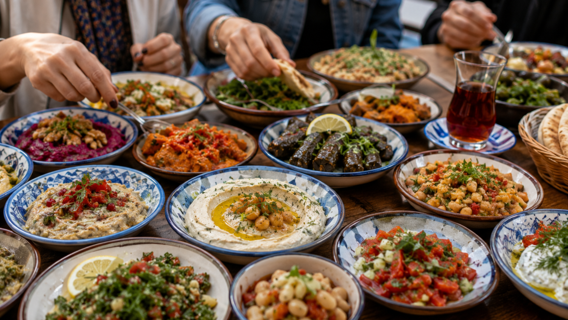 Assortiment de mezzés et spécialités végétariennes turques servis pendant un food tour à Kadıköy Istanbul