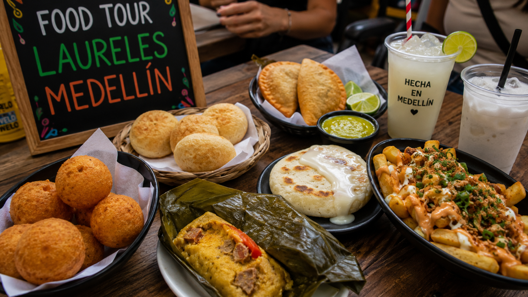 Traditional Colombian snacks and street food served during a food tour in Laureles Medellín