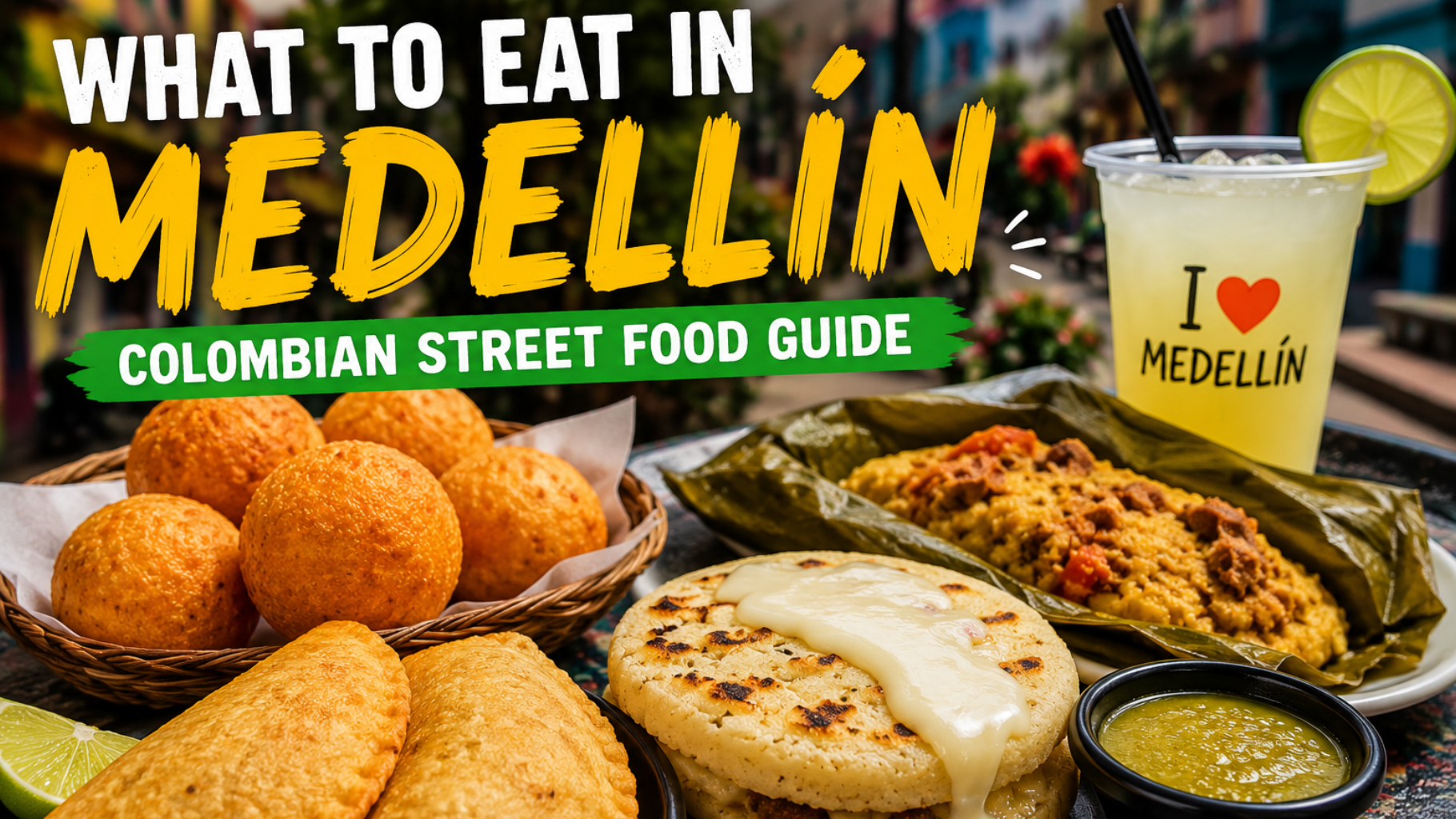Snacks tradicionales colombianos incluyendo buñuelos empanadas y arepas en Medellín