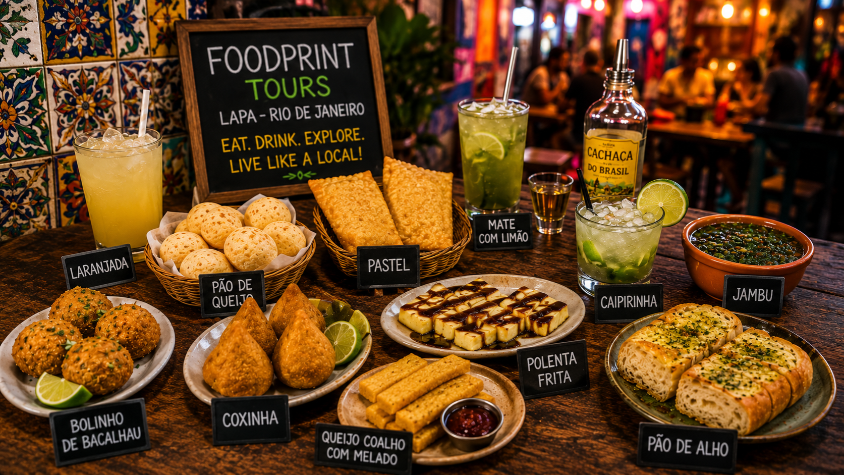 Petiscos brasileiros tradicionais e bebidas tropicais servidos durante um food tour na Lapa Rio de Janeiro
