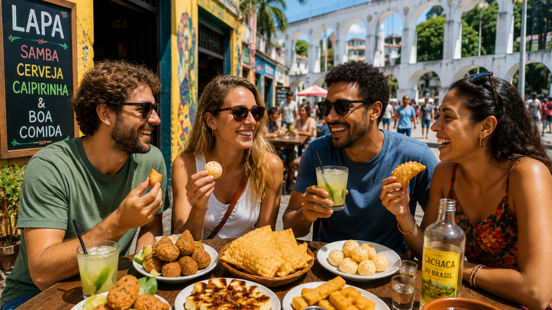Travelers trying traditional Brazilian street food and drinks in Lapa Rio de Janeiro