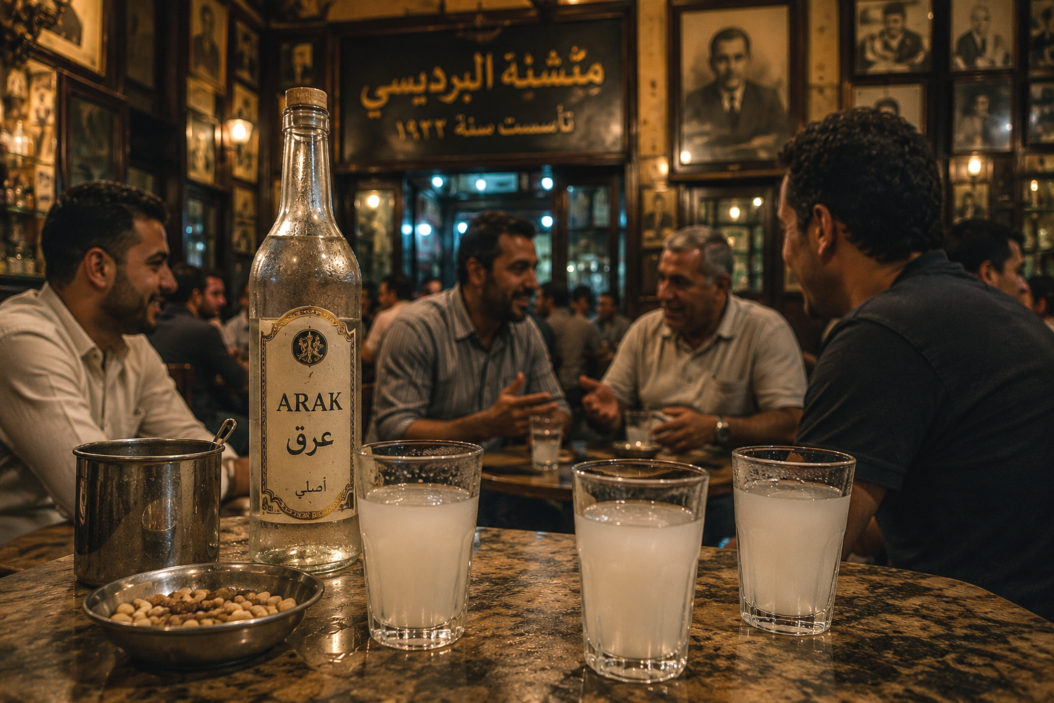 Arak tradicional servido en un bar histórico del centro de El Cairo durante una reunión nocturna