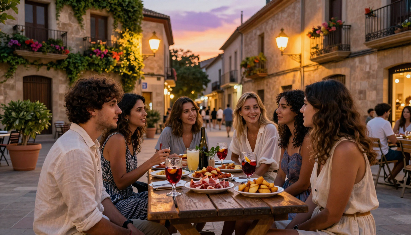Amis partageant nourriture et boissons sur une place animée de Gràcia lors d'une soirée estivale à Barcelone
