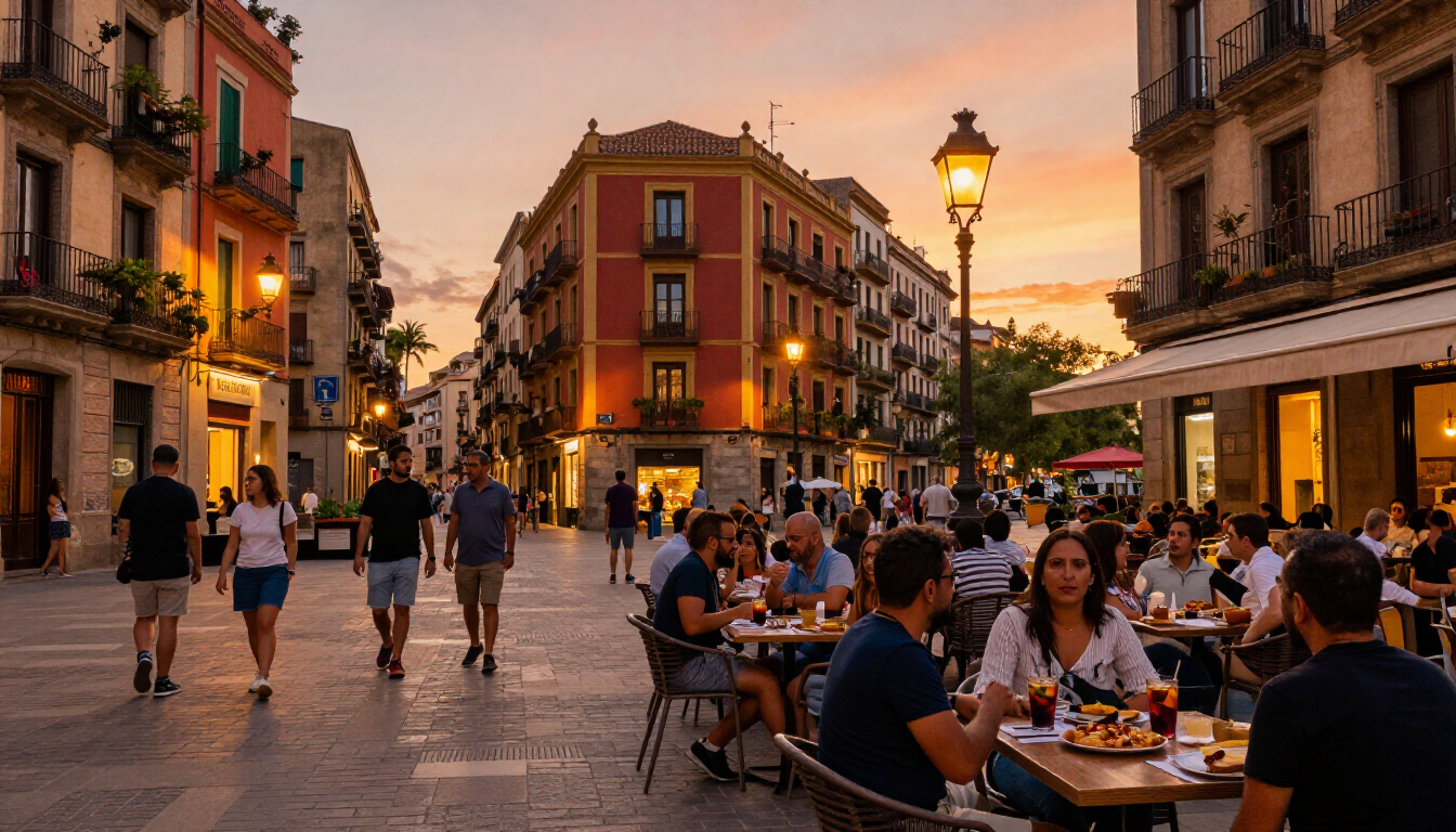 View of Gràcia's lively plazas and local atmosphere on a warm Barcelona evening
