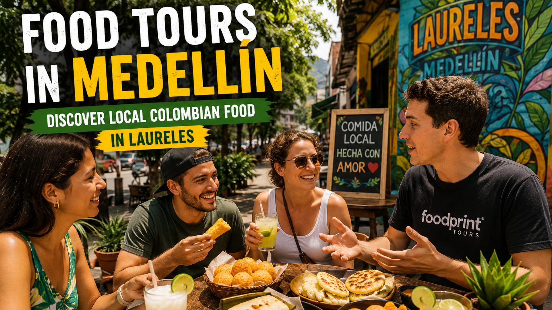 Viajeros disfrutando comida colombiana auténtica y street food en Laureles Medellín