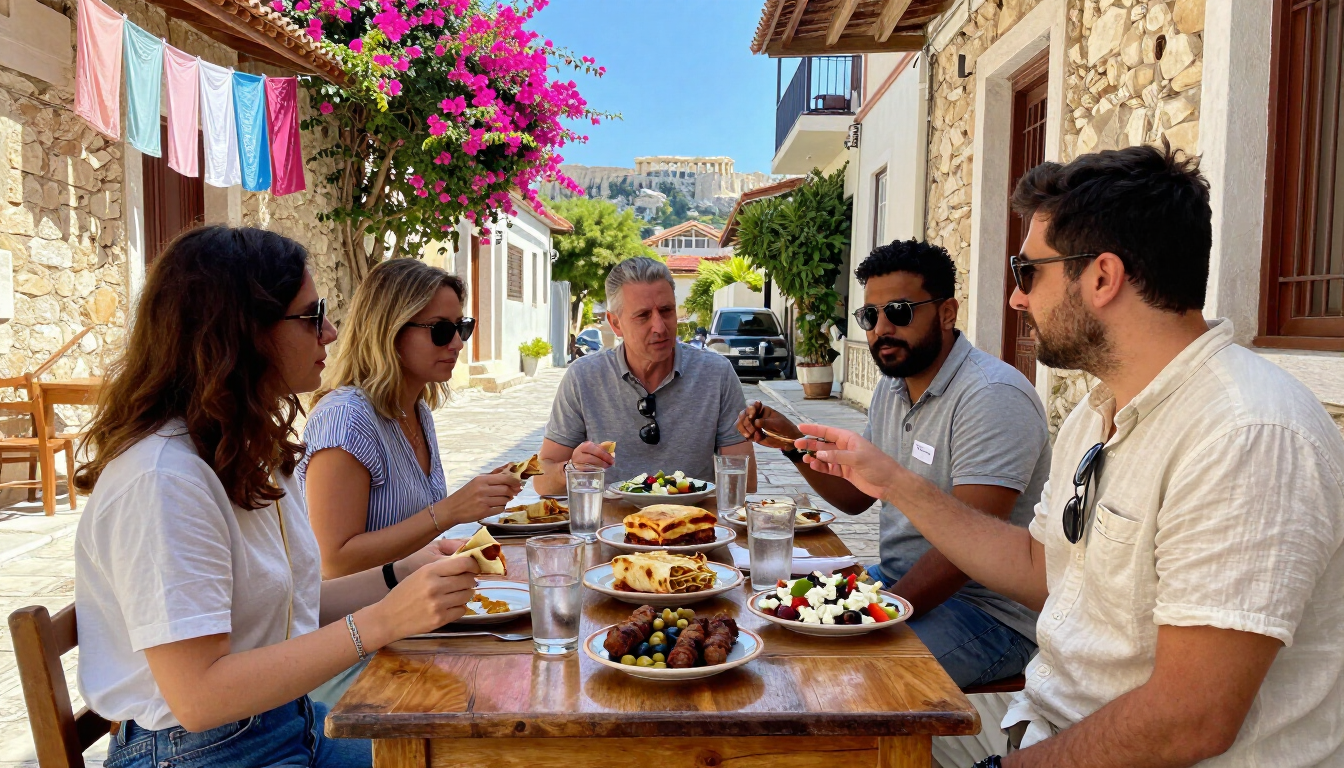 Travelers enjoying traditional Greek food during a guided tour in Athens' historic Monastiraki neighborhood.