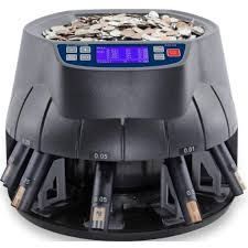 Máquina contadora de monedas, de color negro y pantalla azul, dispensa monedas en tubos.