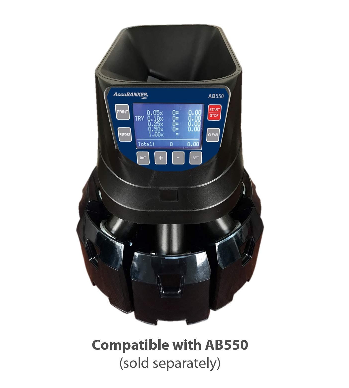 Contadora de monedas con pantalla digital y múltiples ranuras para monedas. Compatible con AB550.