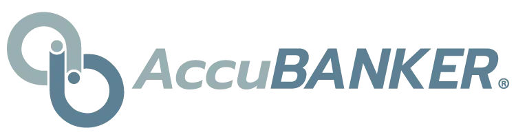 El logotipo de AccuBANKER consta de dos círculos superpuestos en tonos azules. El texto «AccuBANKER» aparece en gris.