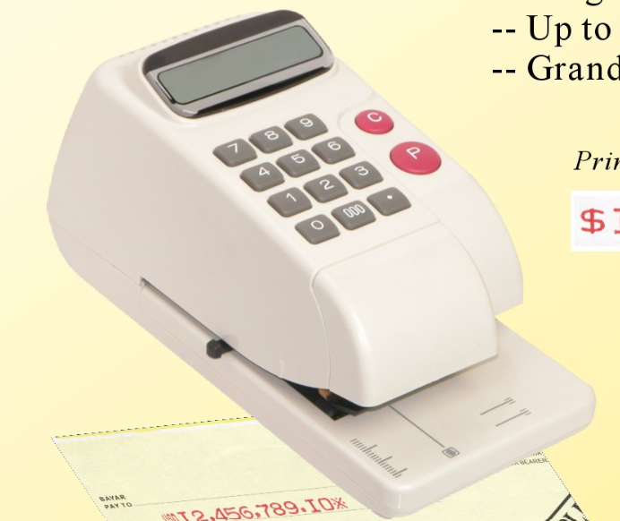 Máquina emisora de cheques con teclado, impresión en cheque.