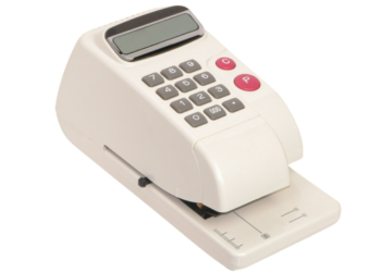 Máquina emisora de cheques con teclado, impresión en cheque.