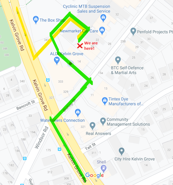 Map of location with green highlighted access route