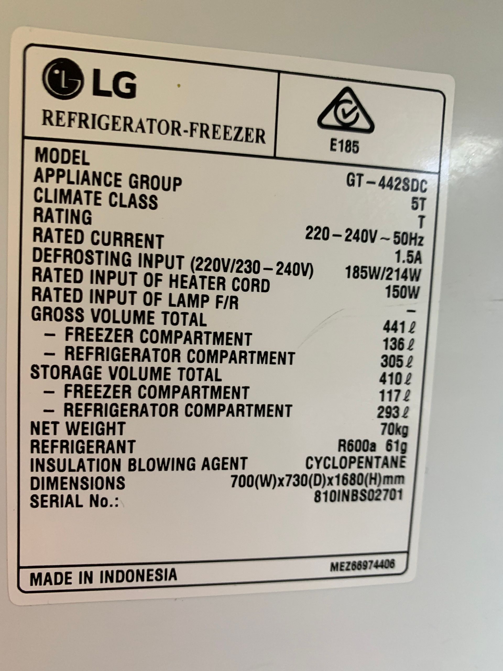Compliance plate from a LG refrigerator showing the model number 