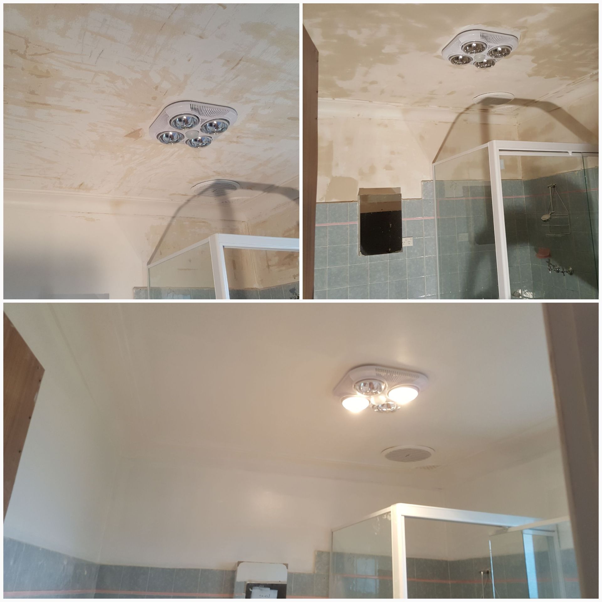 Three different images of a bathroom roof throughout the process of repair — JAX Painting Services in Central Coast, NSW