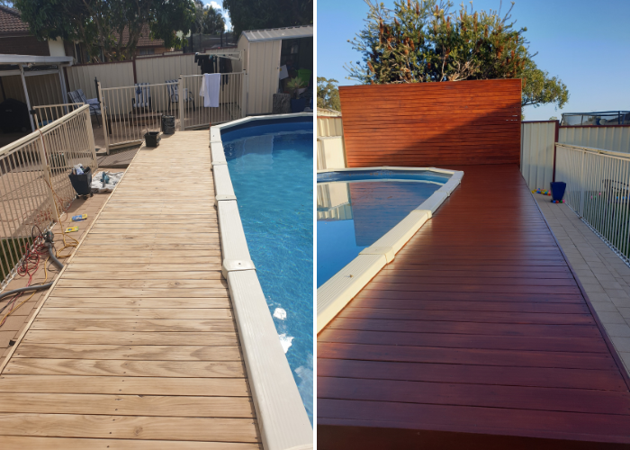 A wooden deck with a view of the ocean and a swimming pool — JAX Painting Services in Central Coast, NSW