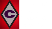 A purple letter "C" centered inside a gray diamond with a thick black outline, set against a solid red background.