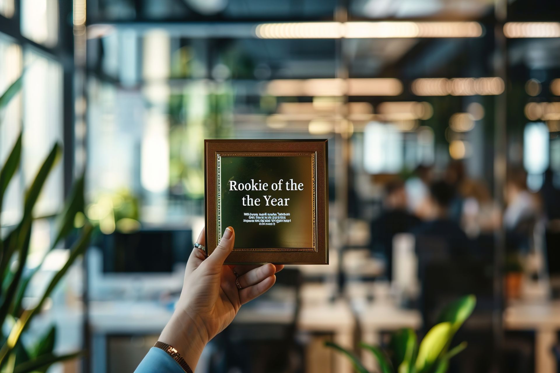 Hand holding a framed “Rookie of the Year” award in a blurred office setting Hand holding a framed “Rookie of the Year” award in a blurred office setting