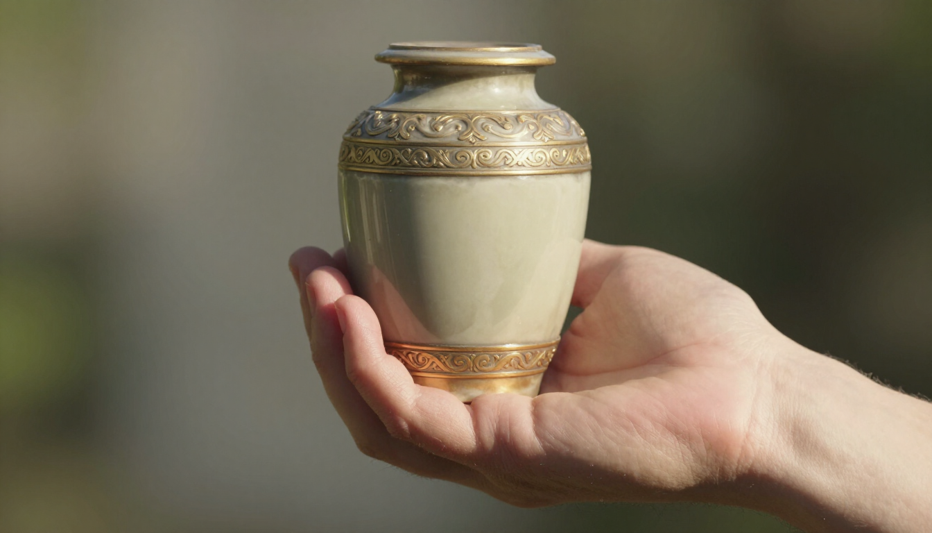 Hand holding a memorial urn