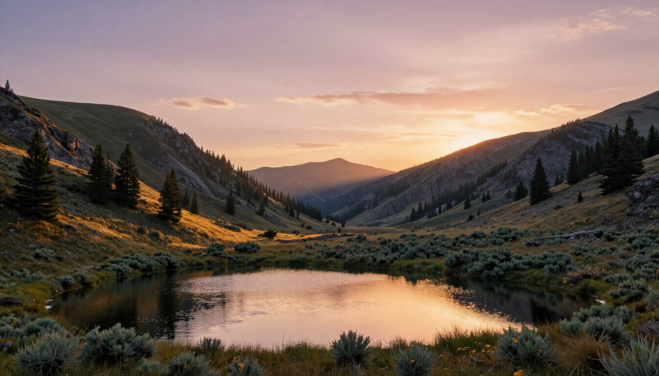 photorealistic serene mountain landscape at sunset with peaceful atmosphere utah valley high quality