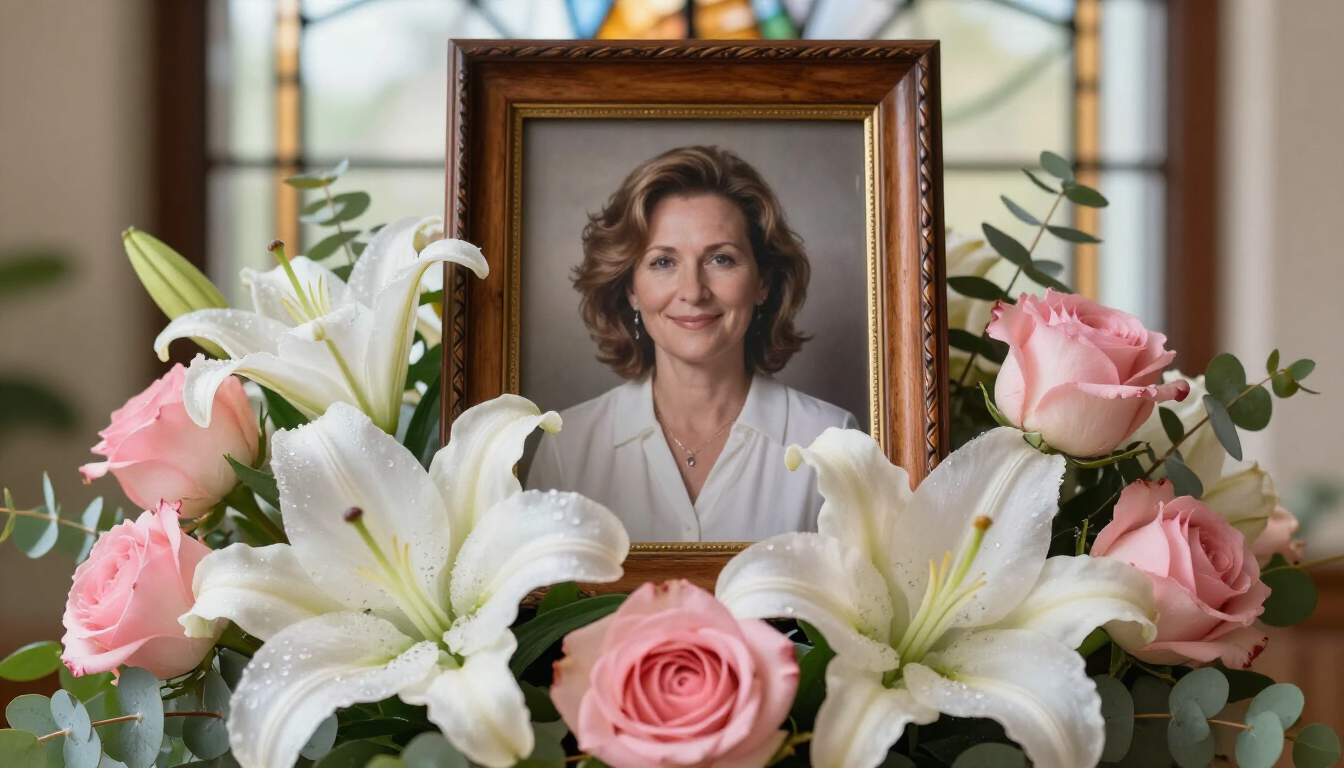 A serene memorial service setup with an urn and photos