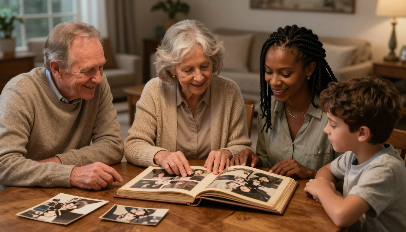 A family looking at old photos together