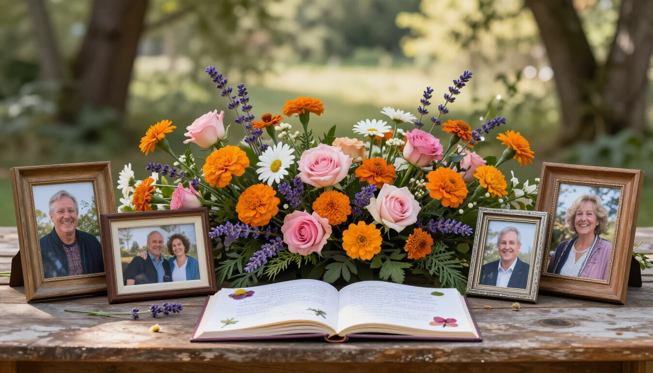 Elegant interior of a funeral service chapel in Utah County with floral arrangements.