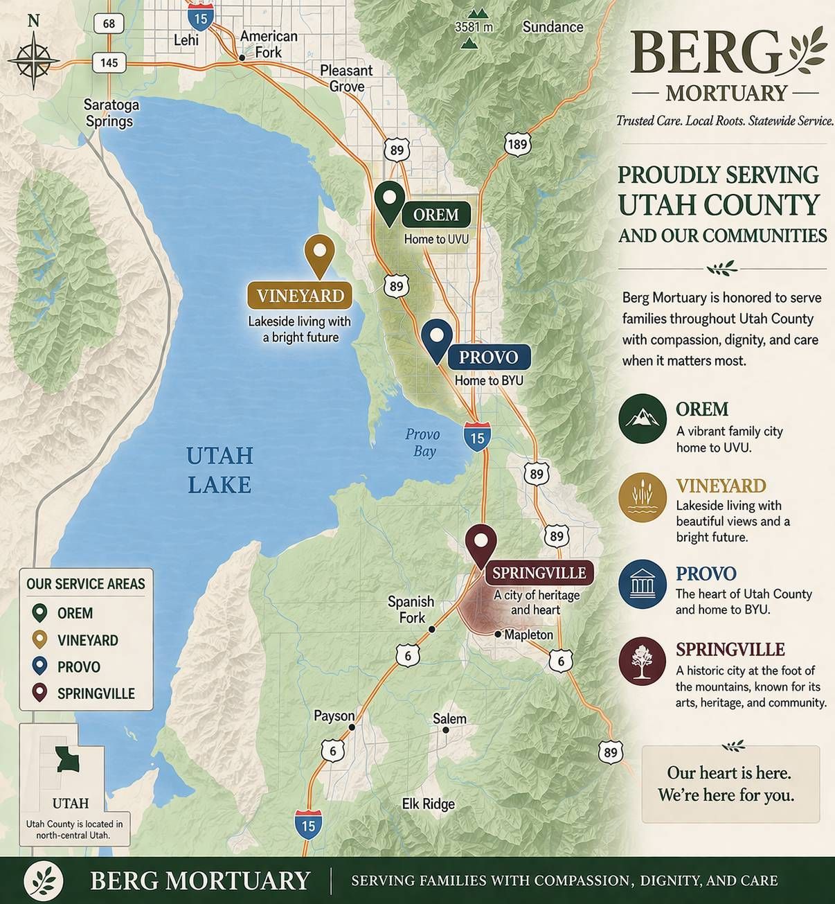 Map of the Berg Mortuary service area covering Provo, Orem, Springville and Vineyard