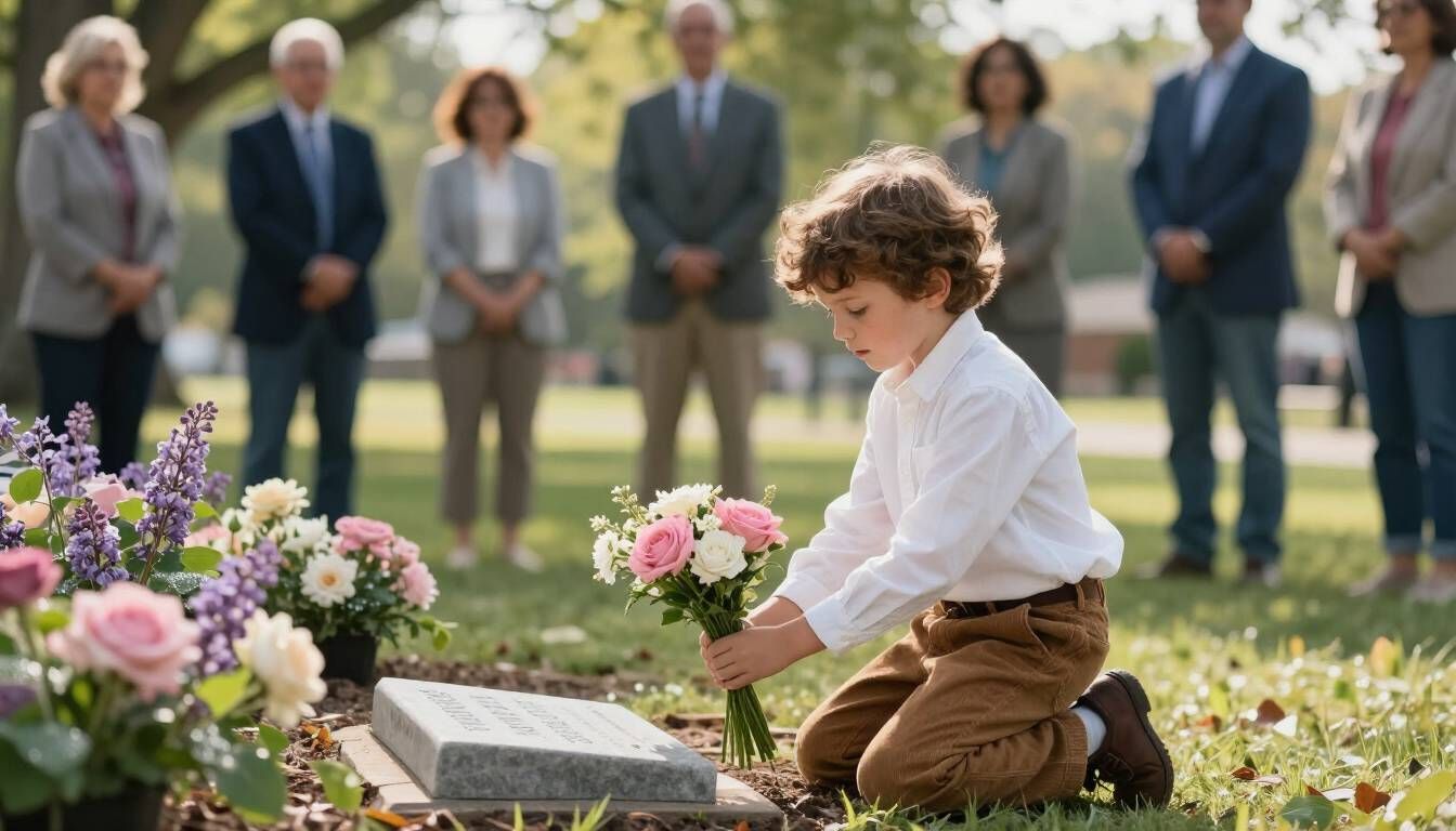 Child placing a flower at a memorial service while family looks on