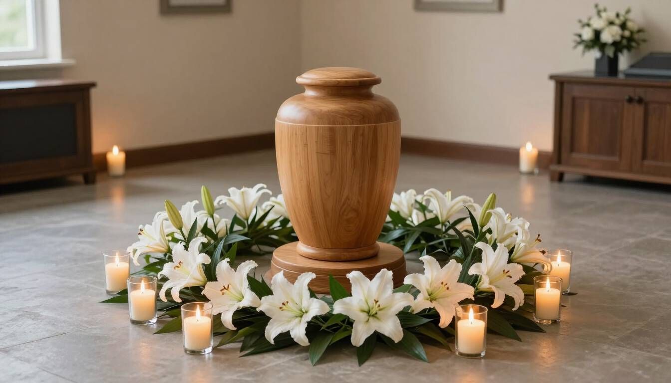 Cremation urn surrounded by white flowers and candles at a memorial