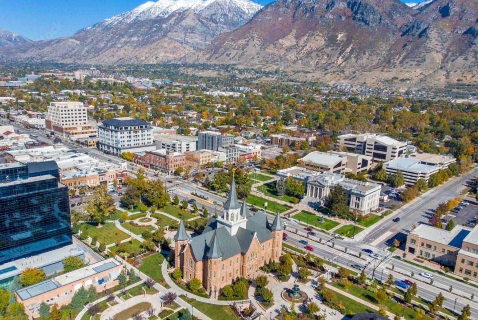Aerial view of Provo and Vineyard development with the Wasatch Mountains