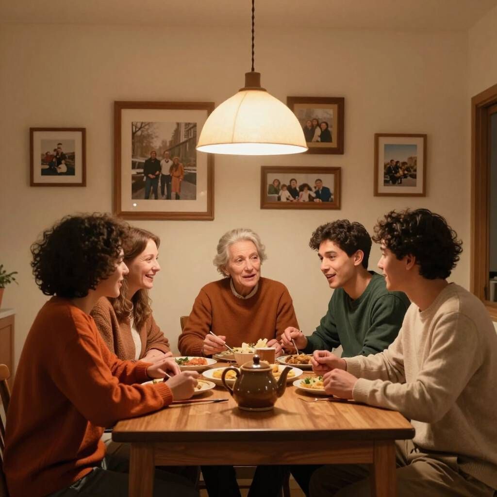 Family sharing memories around a table after a funeral