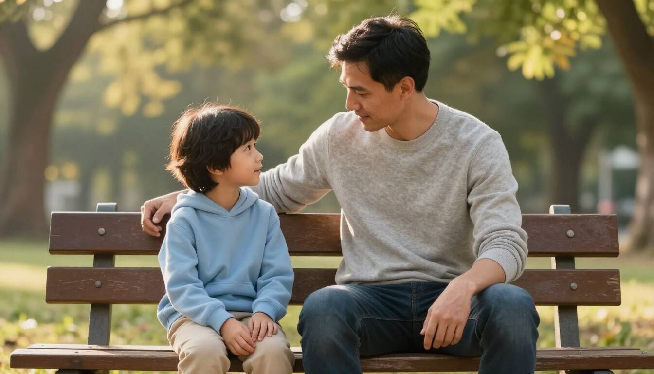 Father and child talking on a park bench about death and grief