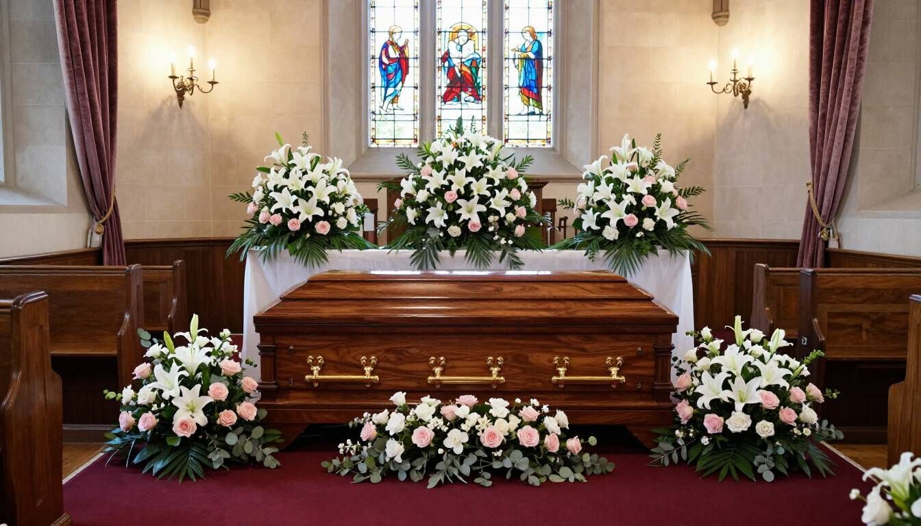 Funeral chapel with casket flowers and stained glass for a service in Utah