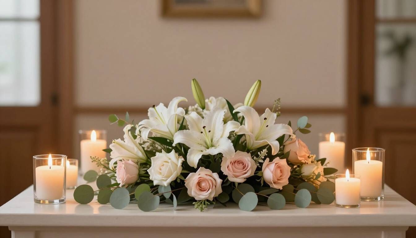 Memorial flowers and candles on a table