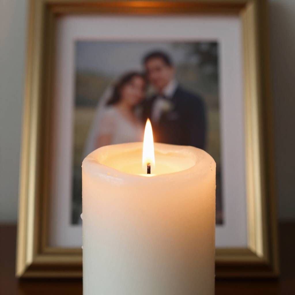 Memorial photo of a couple with a lit candle