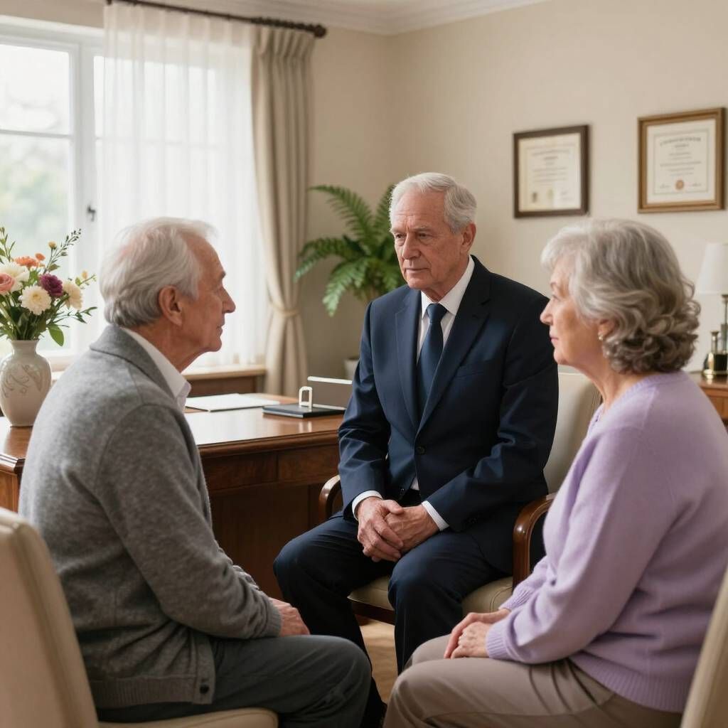 Older couple reviewing a prepaid funeral plan with an advisor