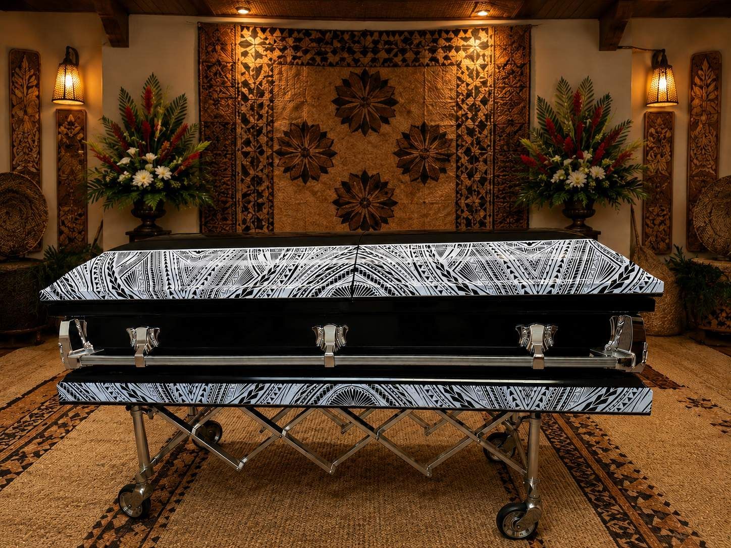 Casket draped in traditional tapa cloth at a Tongan and Samoan funeral in Utah County