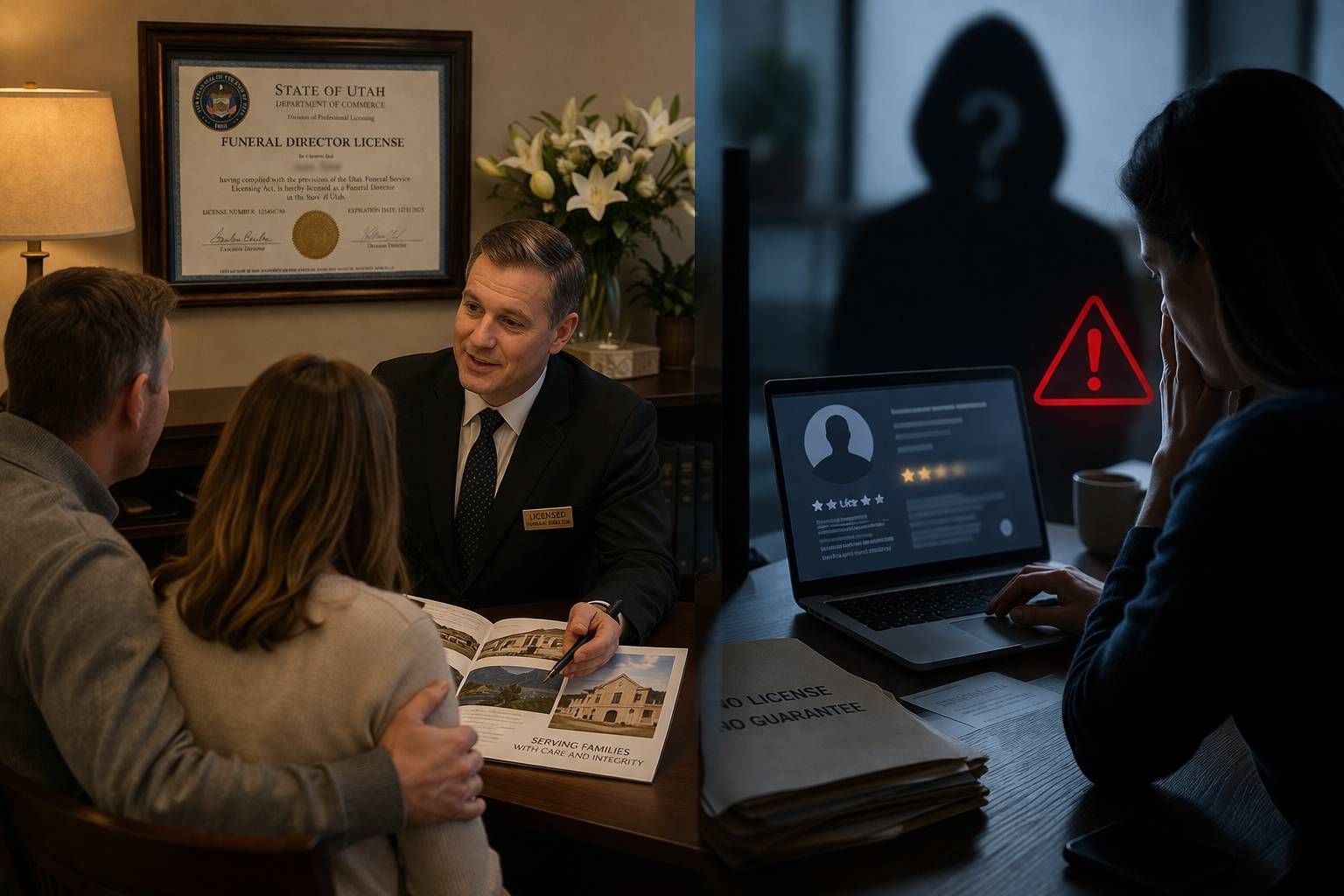 Family meeting with an unlicensed funeral provider, a warning sign when choosing a funeral home in Utah