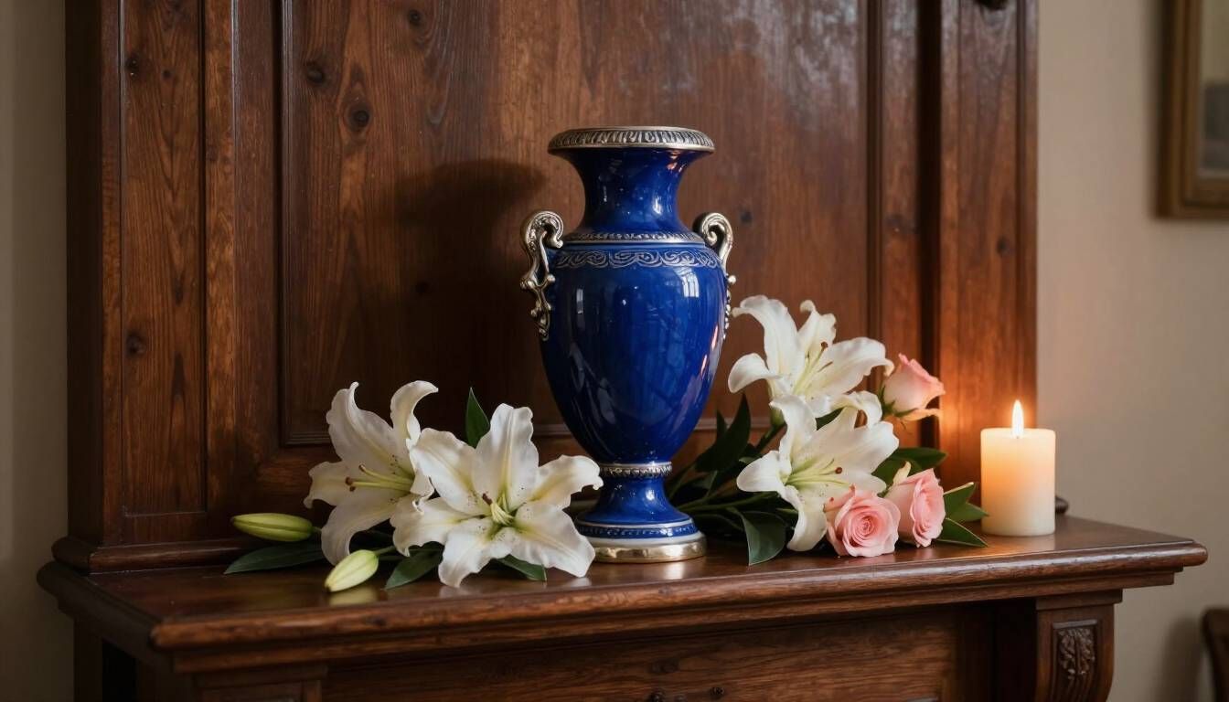 Cremation urn with lilies and candlelight