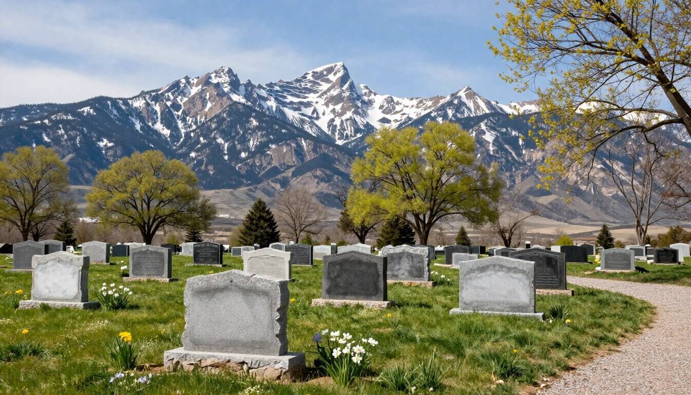 Utah County cemetery in spring with snow-capped mountains