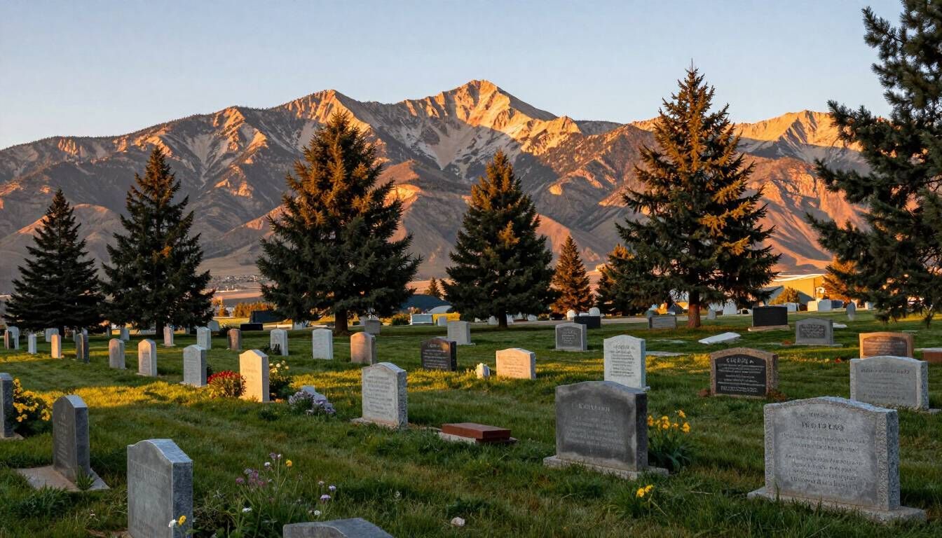 Utah cemetery at sunset with pine trees and mountains
