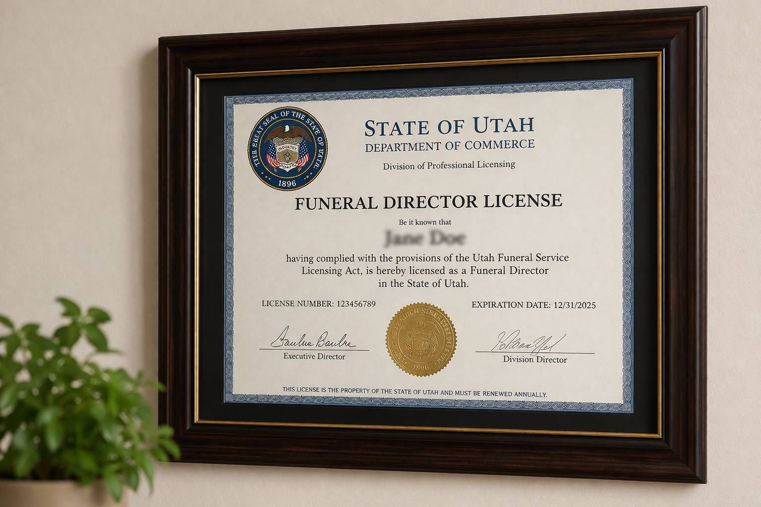 Framed State of Utah funeral service establishment license certificate