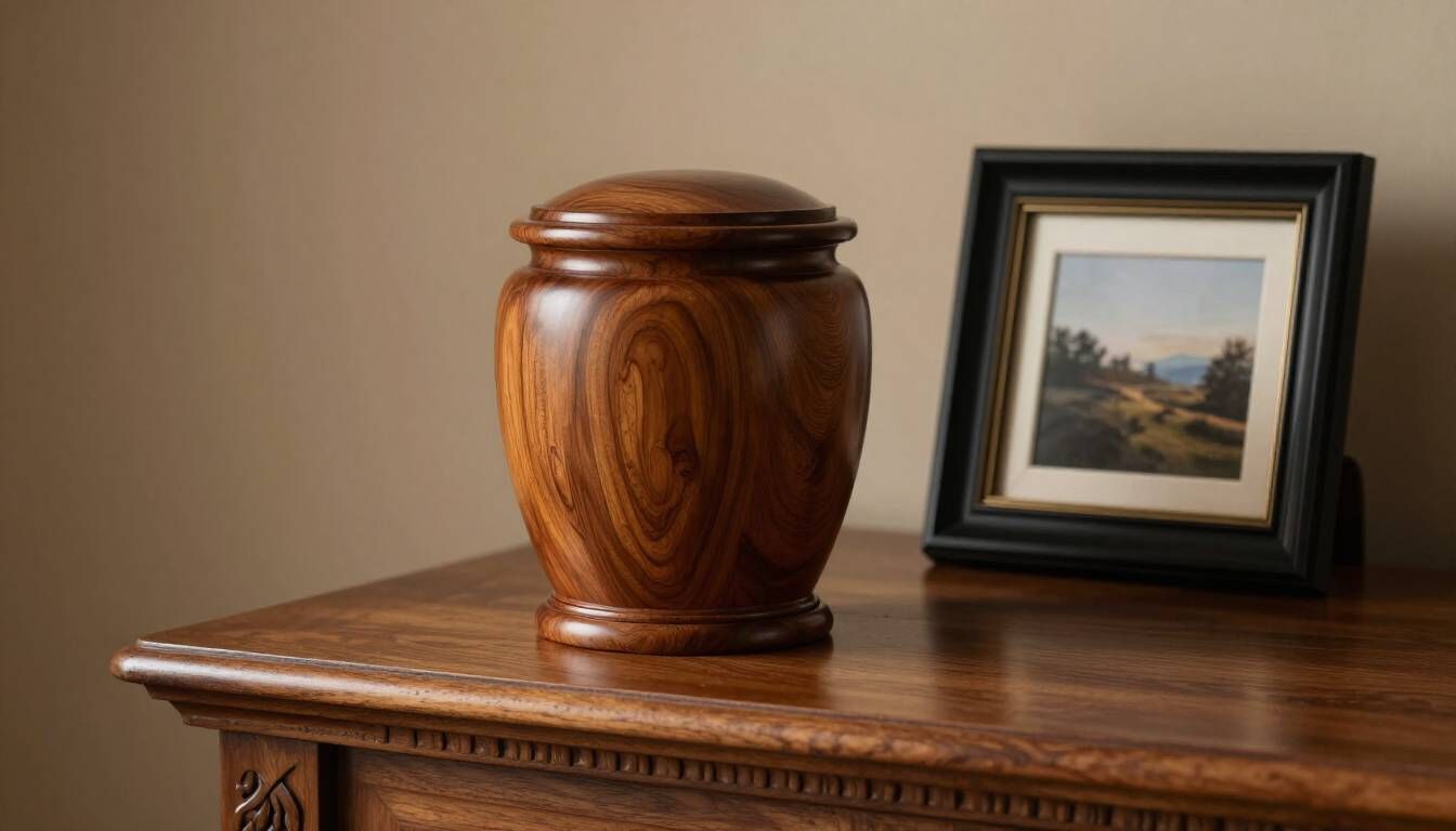 Wooden cremation urn with a framed photo