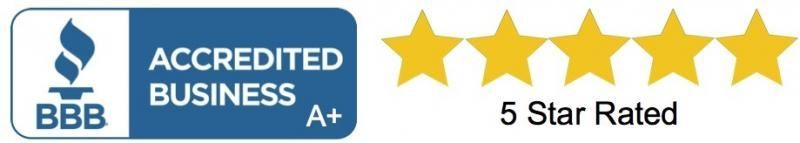 BBB Accredited Business A+ badge with five gold stars and “5 Star Rated” text