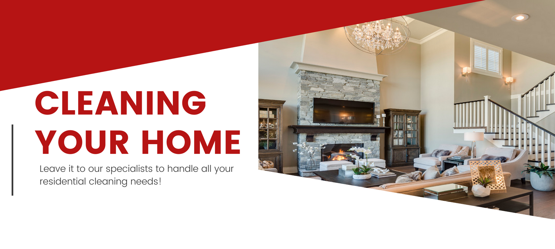 Homepage banner for home cleaning services with modern living room and bold red text