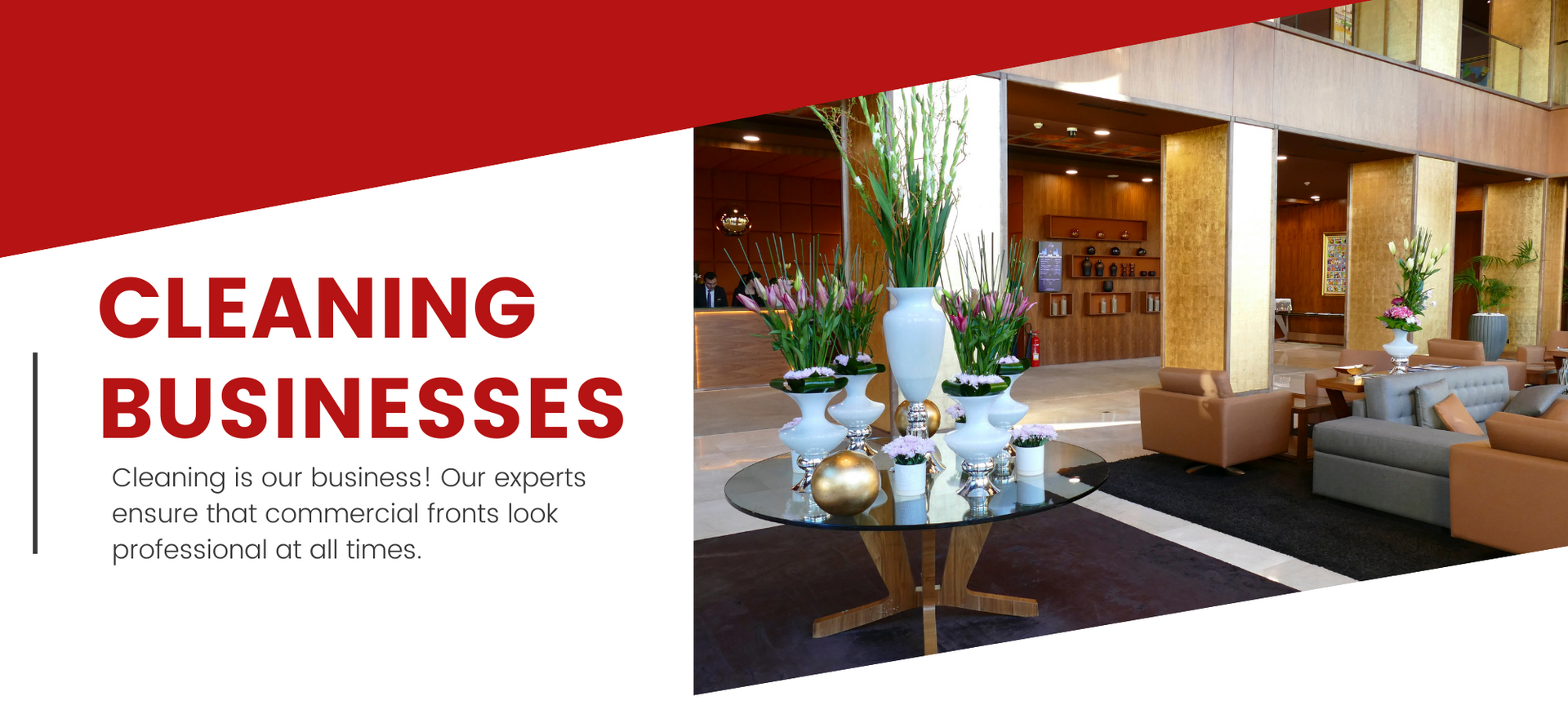 Cleaning business advertisement with red headline and a modern living room interior.
