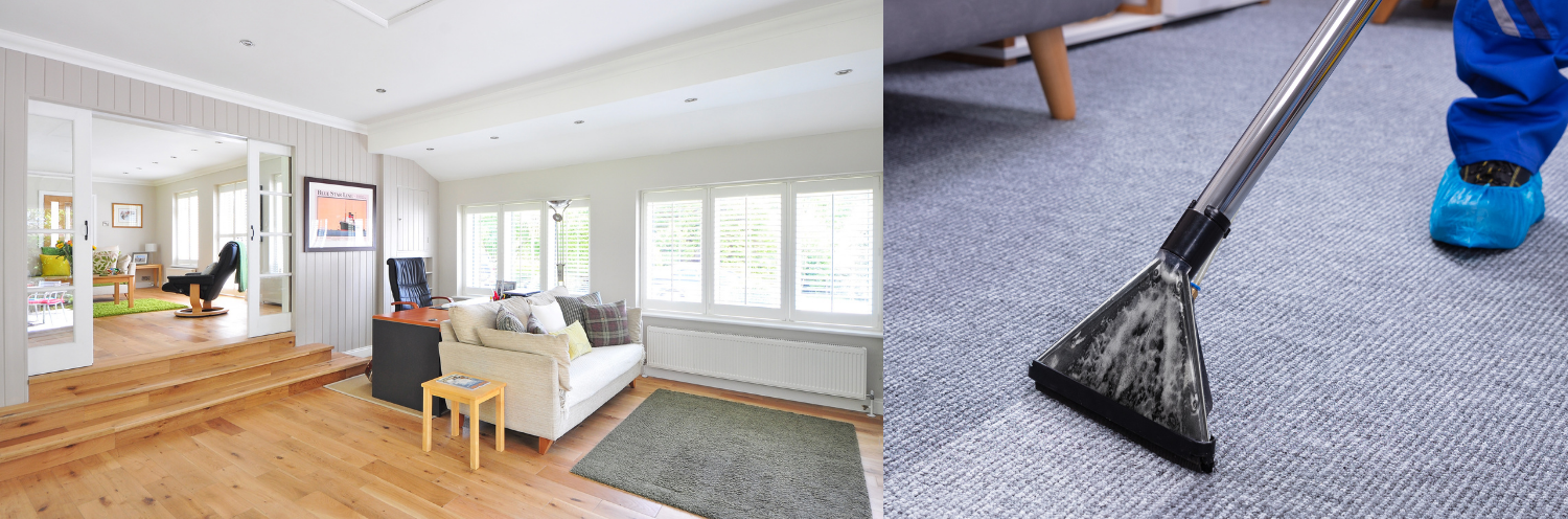 Living room with hardwood floors and a carpet cleaner vacuuming a gray carpet edge