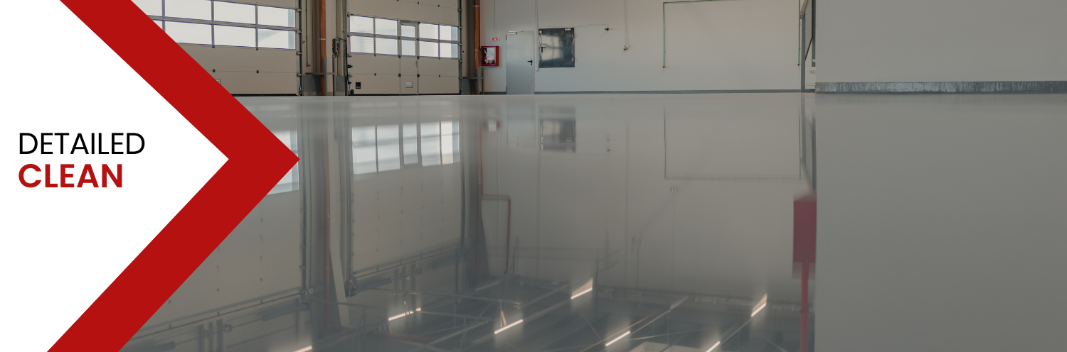 Clean, polished floor in a bright room with a “Detailed Clean” graphic on the left