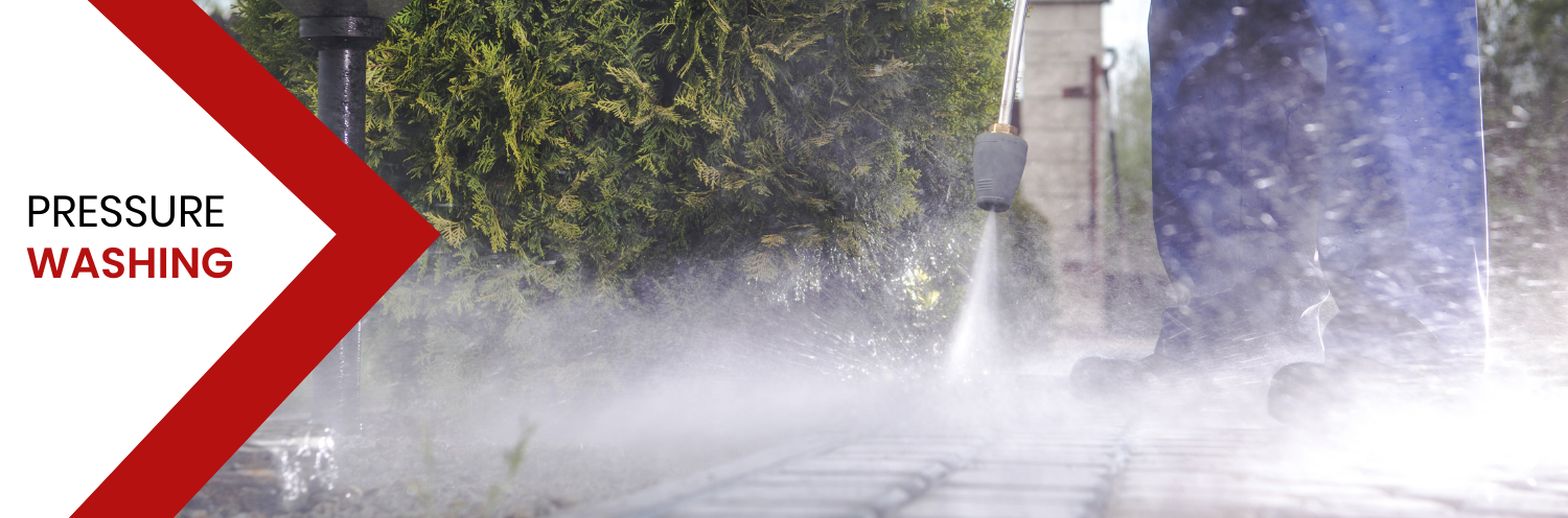 Pressure washing text beside a worker spraying water outdoors on a driveway